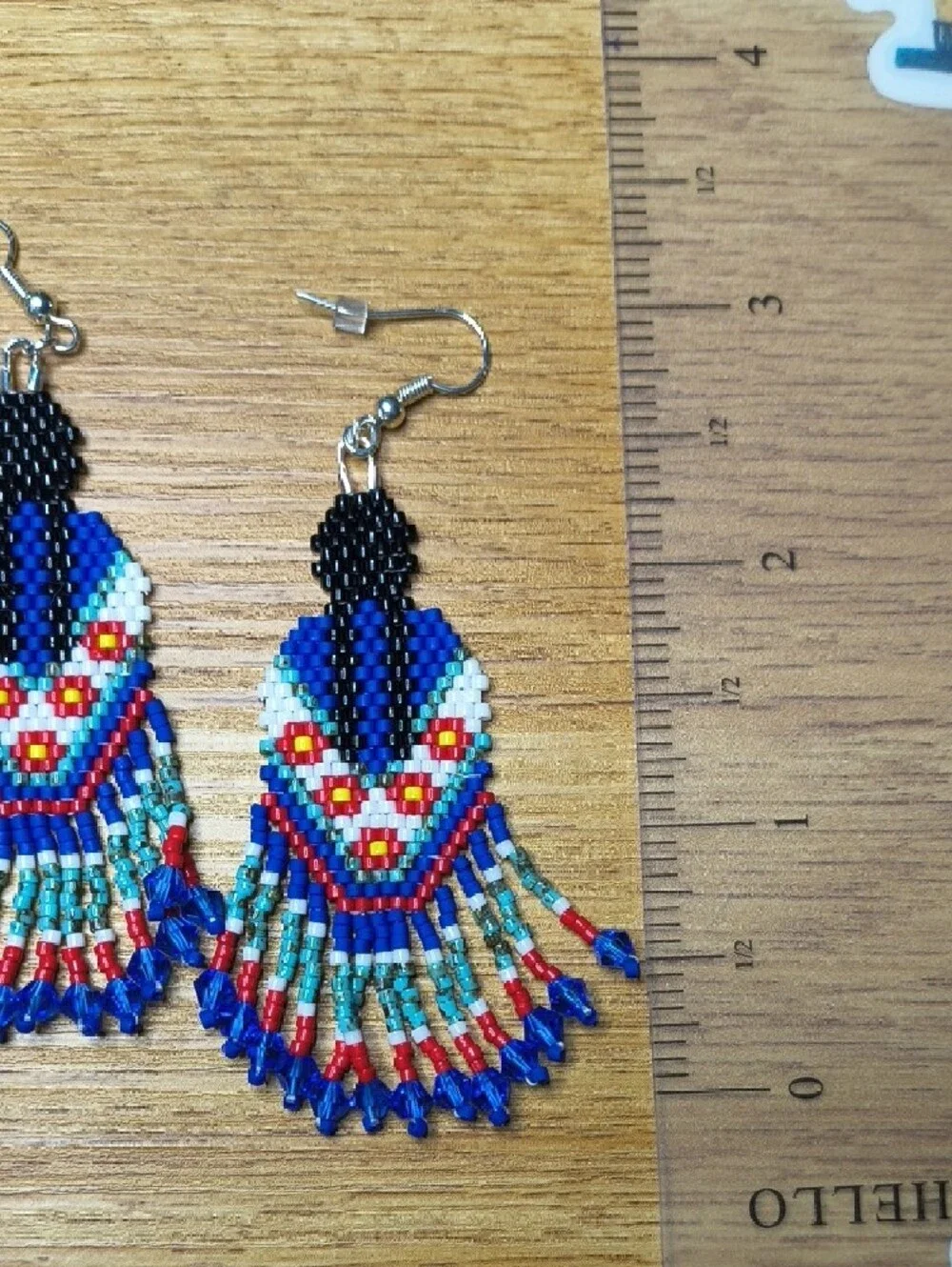 Hand Crafted Native Woman Beaded Fringe Earrings